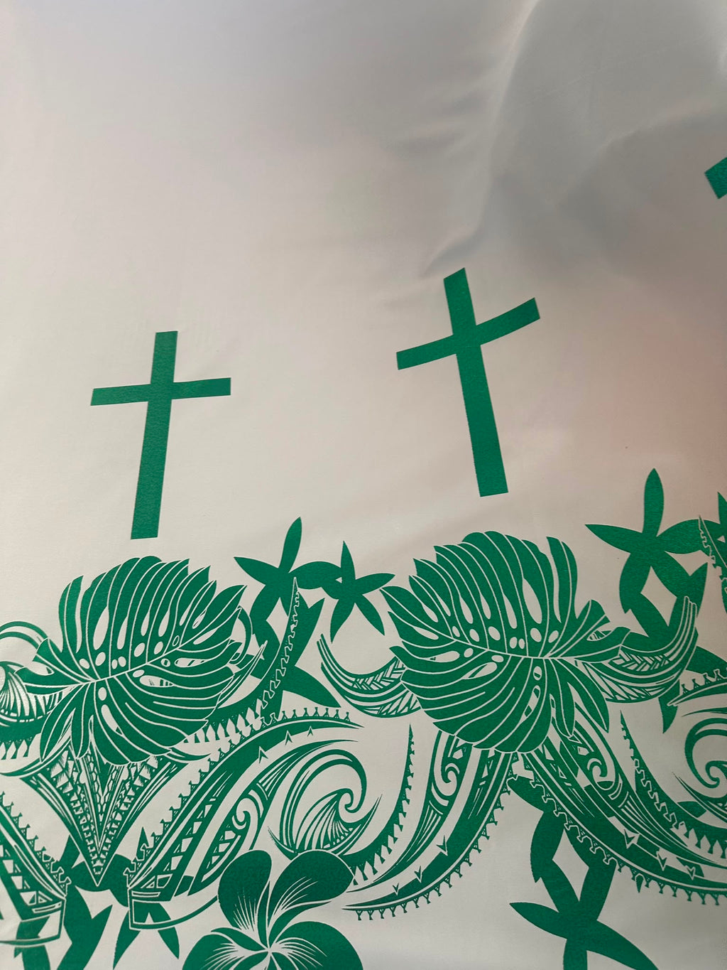 Polyester Printed Foliage Fabric – Cross & floral border print