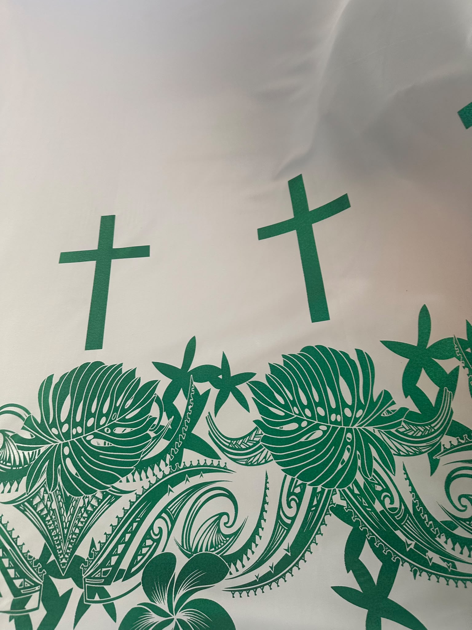 Polyester Printed Foliage Fabric – Cross & floral border print