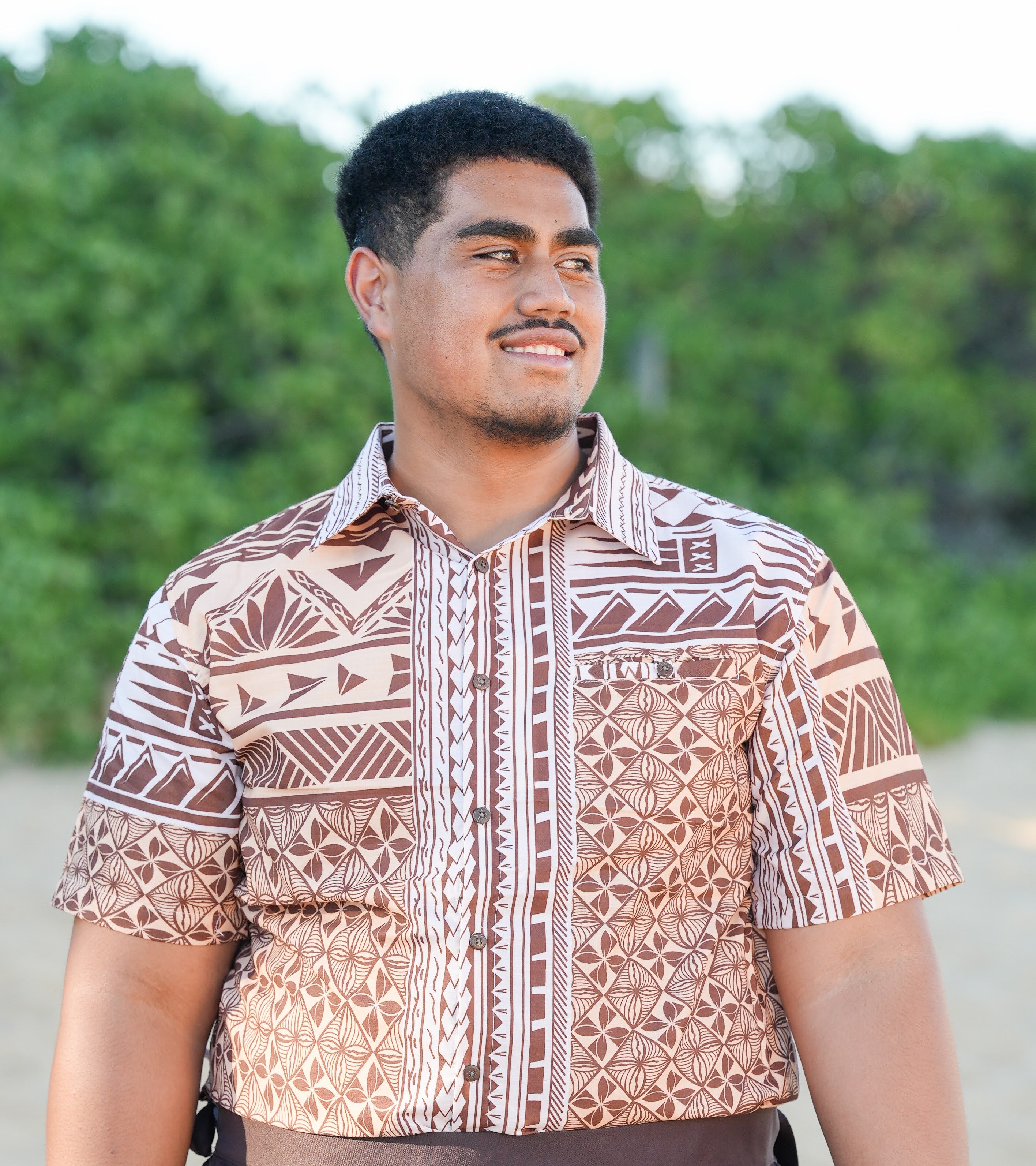 Mens Polyester Slub Polynesian Print Short Sleeve Shirt