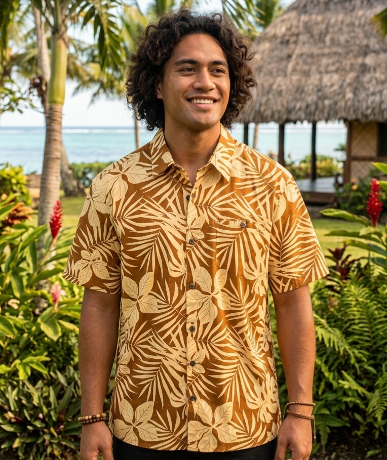 Mens Polyester Slub Polynesian Print Short Sleeve Shirt