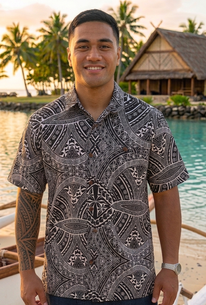 Mens Polyester Slub Polynesian Print Short Sleeve Shirt