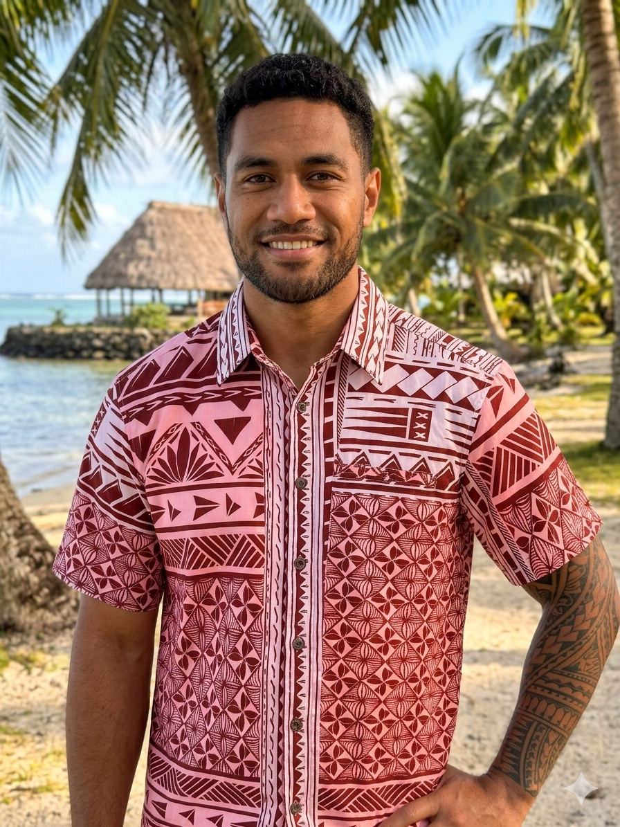Mens Polyester Slub Polynesian Print Short Sleeve Shirt
