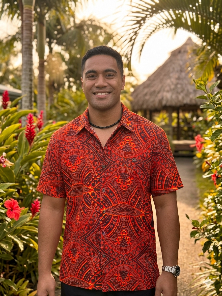 Mens Polyester Slub Polynesian Print Short Sleeve Shirt