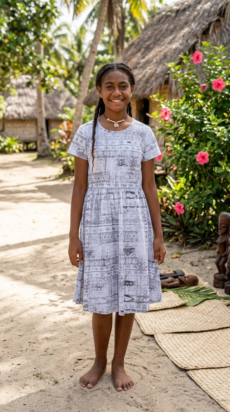 Girls G20 Dress — Fijian Print Cotton Dress for Kids | Geneva Fabrics & Fashion