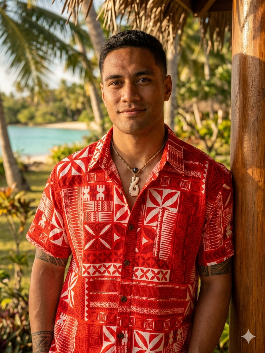 Mens Dobby Cotton Polynesian Print Short Sleeve Shirt (161697)