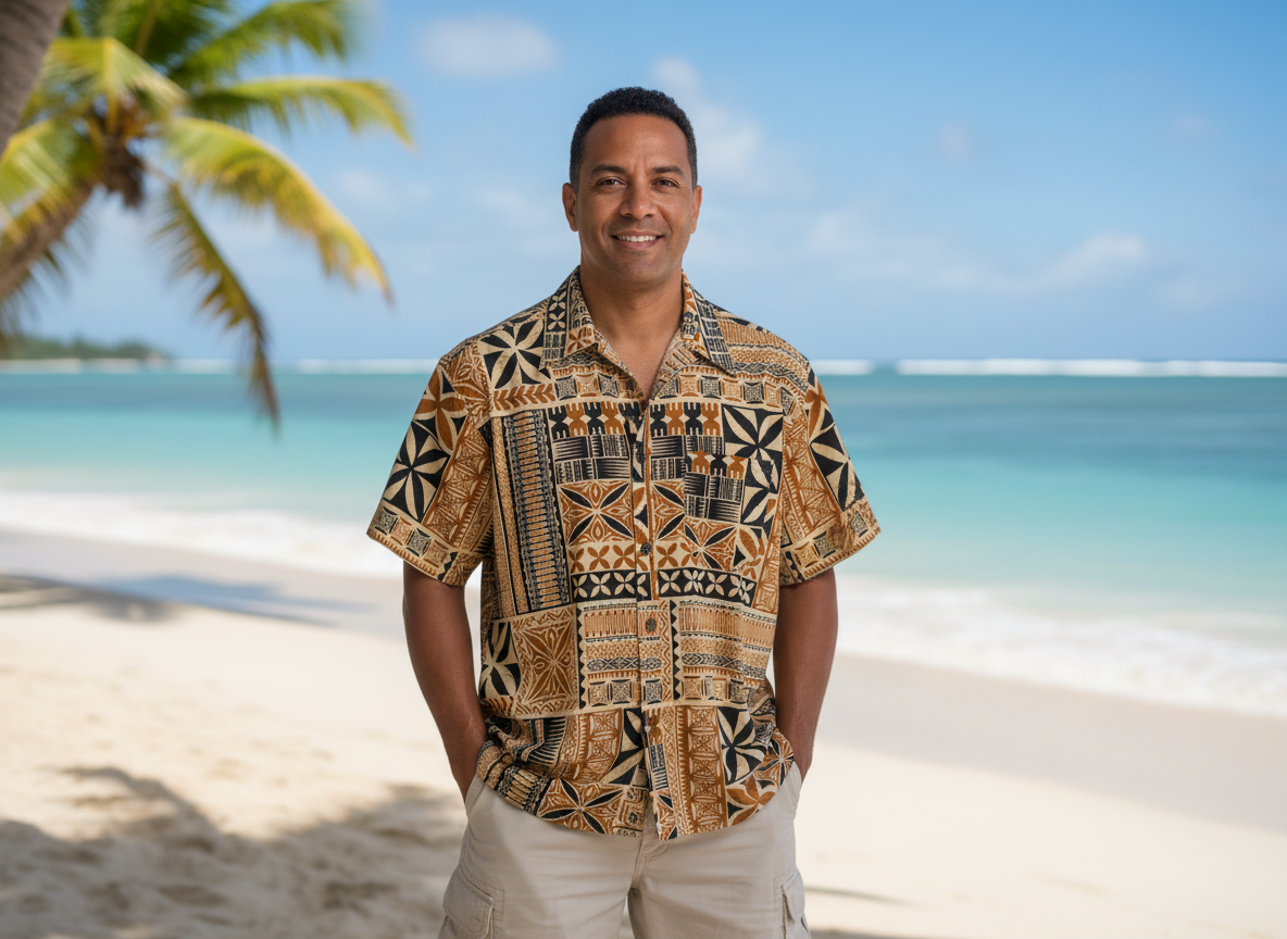 Mens Dobby Cotton Polynesian Print Short Sleeve Shirt (161697)
