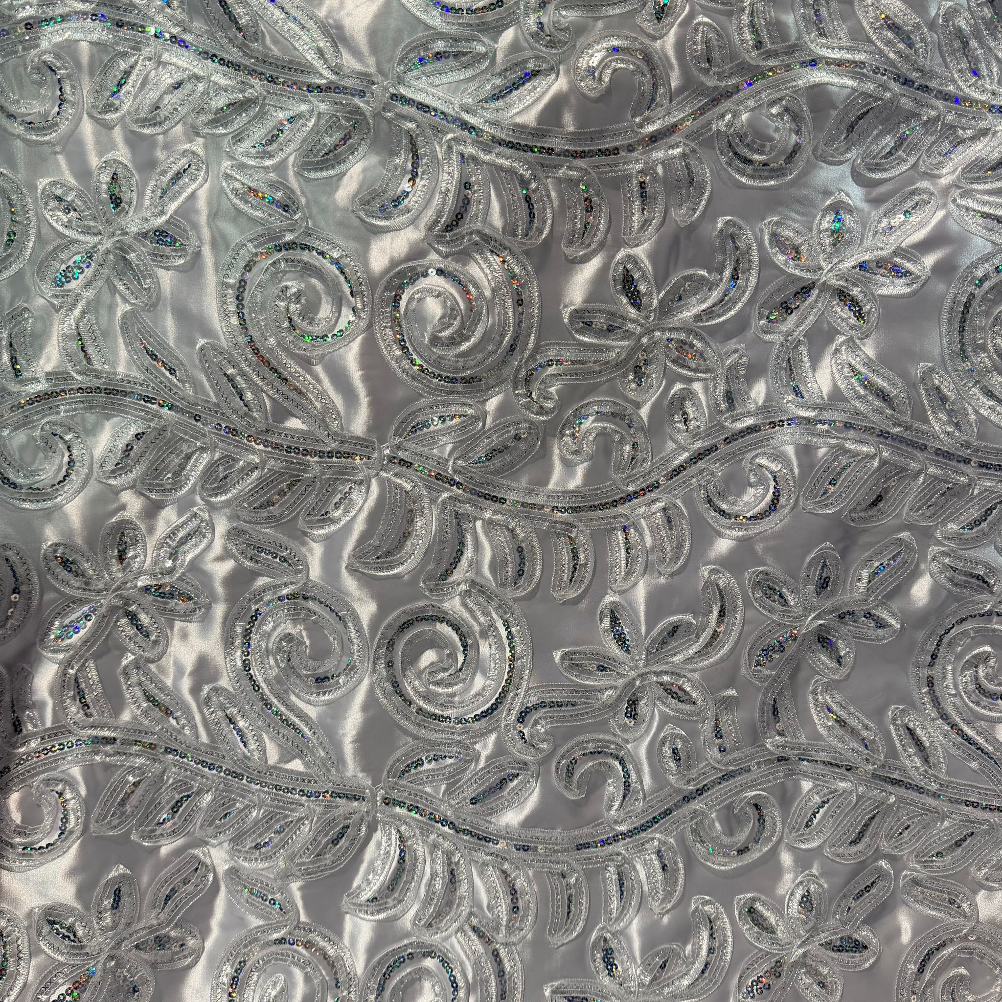Poly White Satin with Tape Embroidery & Spangle [EMBM66D-WHT]