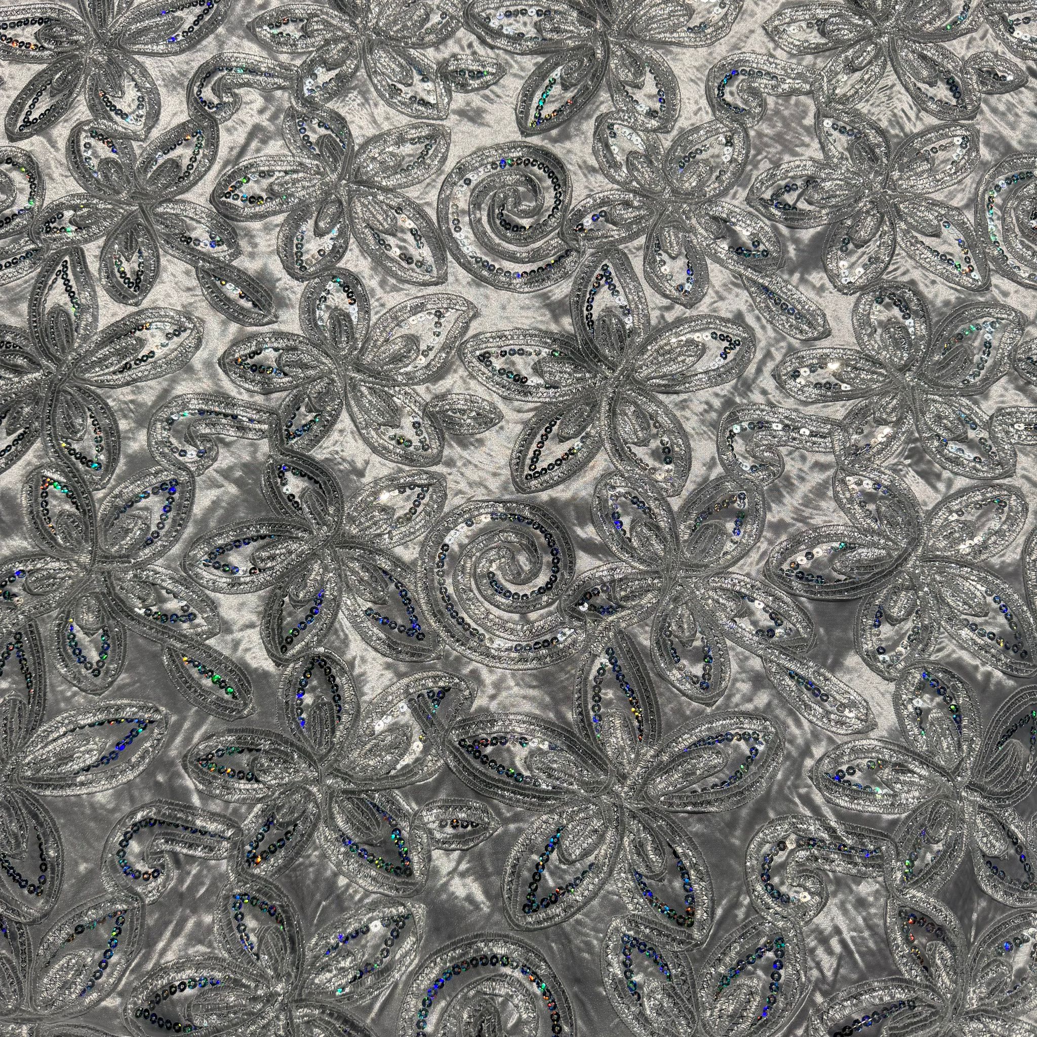Poly White Satin with Tape Embroidery & Spangle [EMBM66D-WHT]