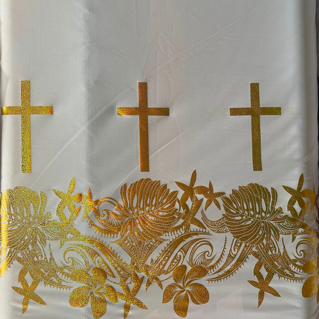 Polyester Printed Foliage Fabric – Cross & floral border print