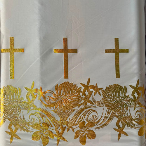 Polyester Printed Foliage Fabric – Cross & floral border print