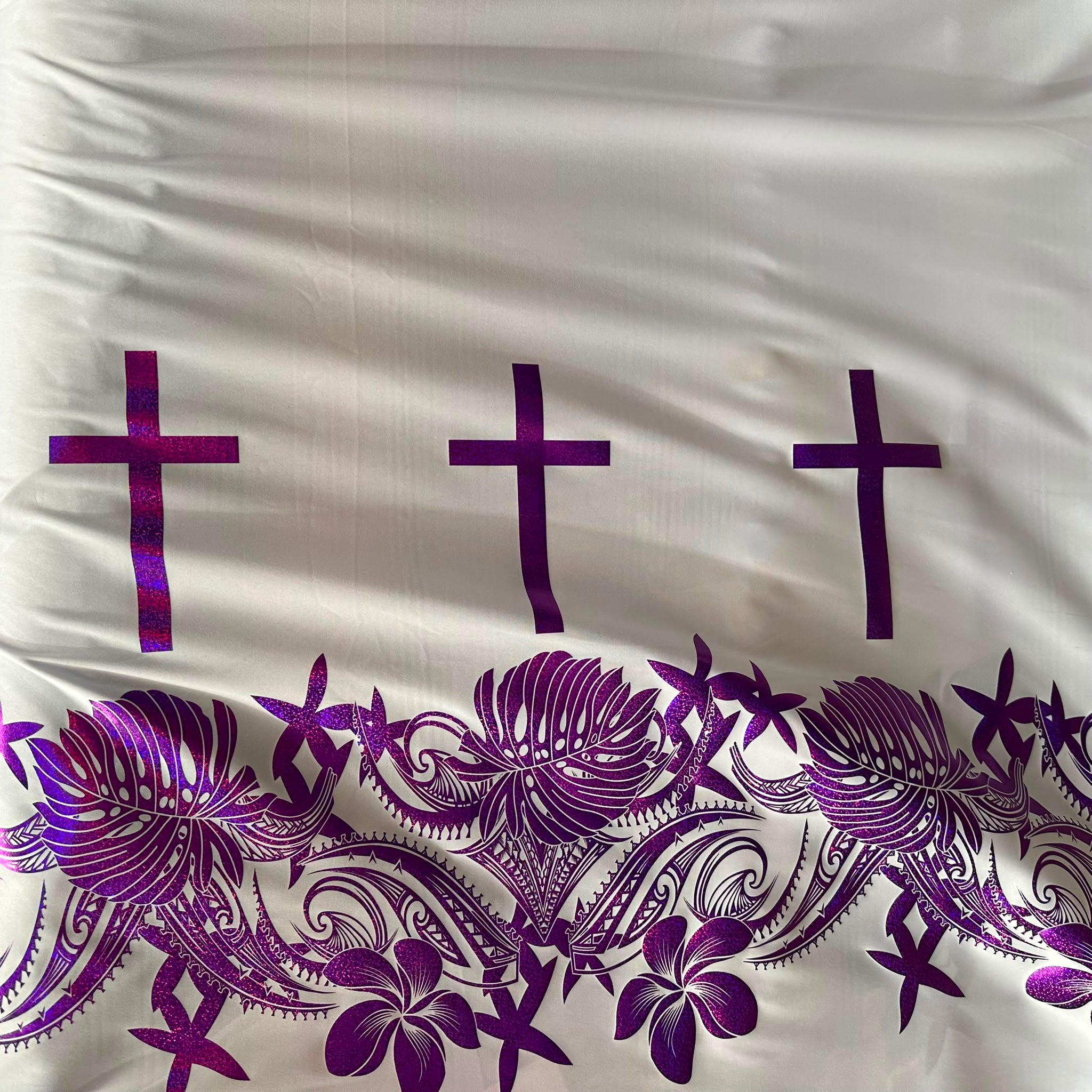 Polyester Printed Foliage Fabric – Cross & floral border print